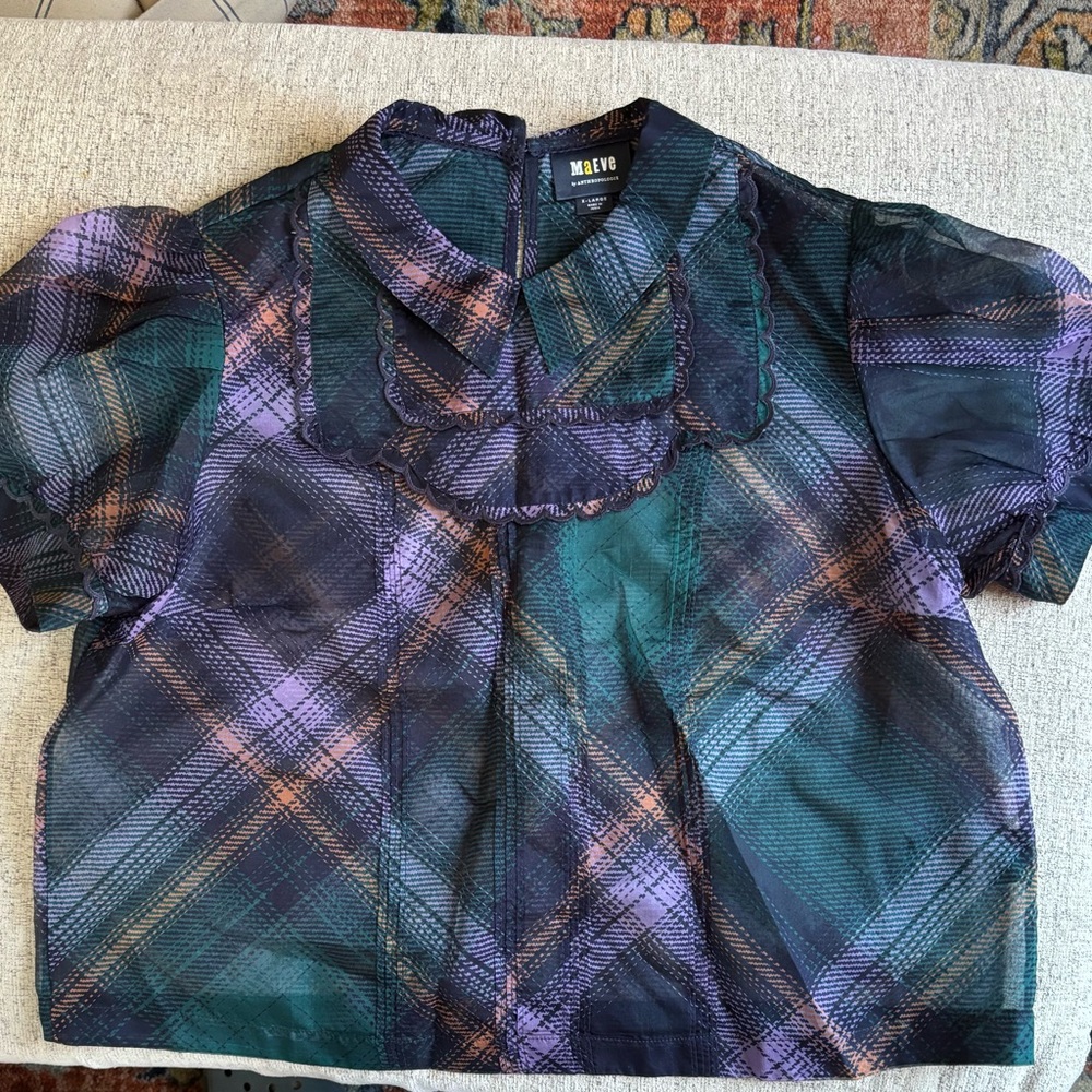 Maeve by Anthropologie Plaid Sheer Blouse - Purple, Green, and Orange